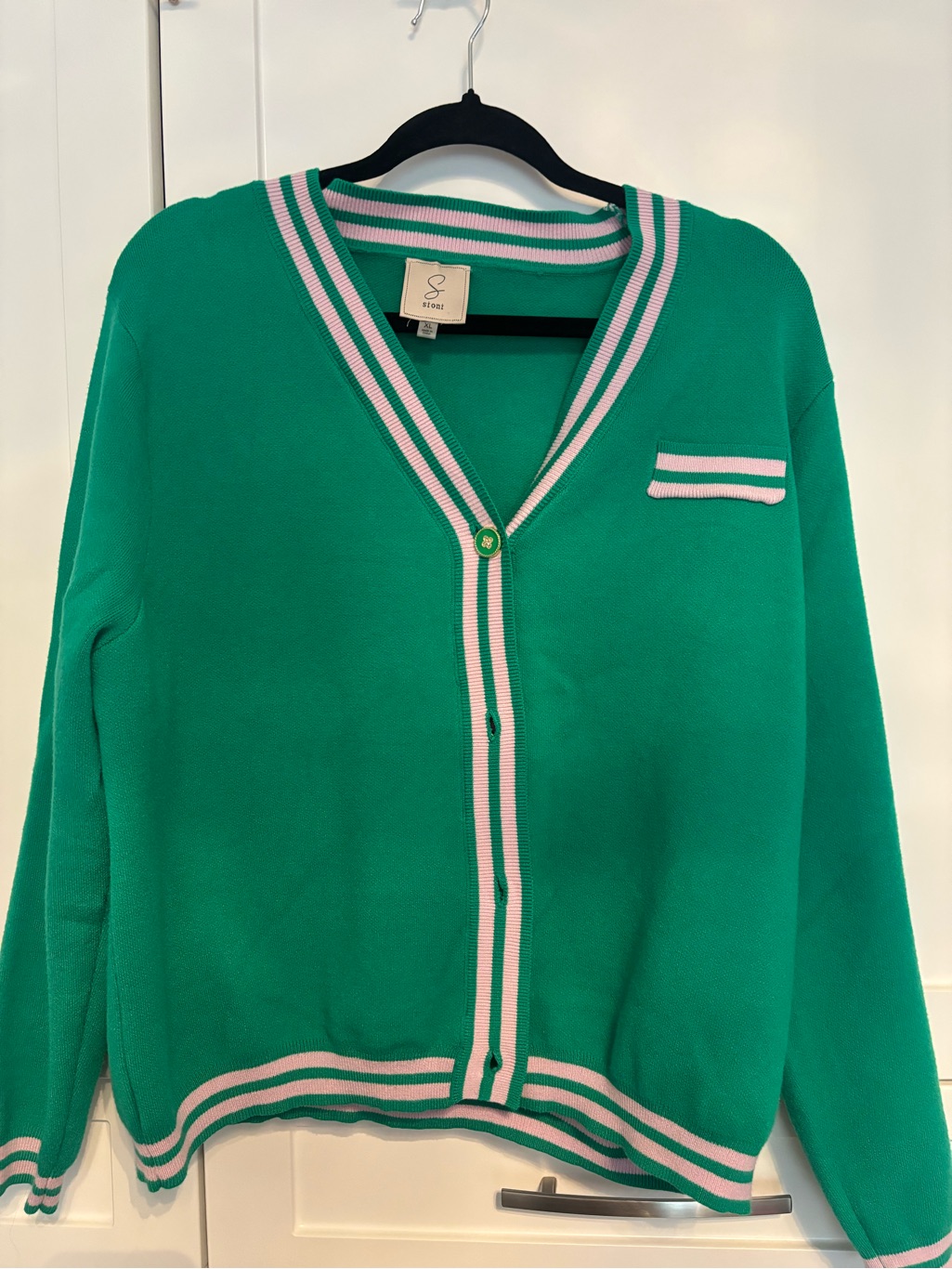 Sioni Green Cardigan With Pink And White Stripe Trim